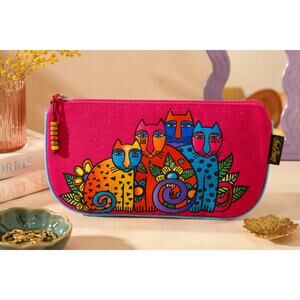 Laurel Burch Retired Colorful Cat Print Cosmetic Pouch Travel Bag Zip Case Boho